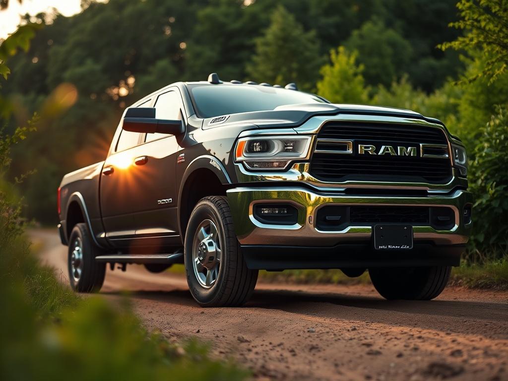 A close-up shot of a 2019 Dodge Ram 2500 in a dynamic outdoor setting. The truck is parked on a dirt trail surrounded by lush greenery, showcasing its rugged features. The sun is setting in the background, casting a warm glow on the vehicle, highlighting its muscular design and chrome accents. The focus is sharp on the truck, with a blurred background to emphasize its presence.