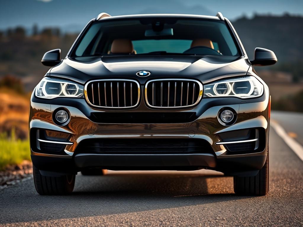 A hyper-realistic close-up shot of a 2013 BMW X5 parked on a scenic road, showcasing its sleek design and modern features. The background should include a blurred natural landscape, emphasizing the vehicle's elegance and capability. The shot should capture the vehicle's front grill and headlights, focusing on the high-quality details and finishing.