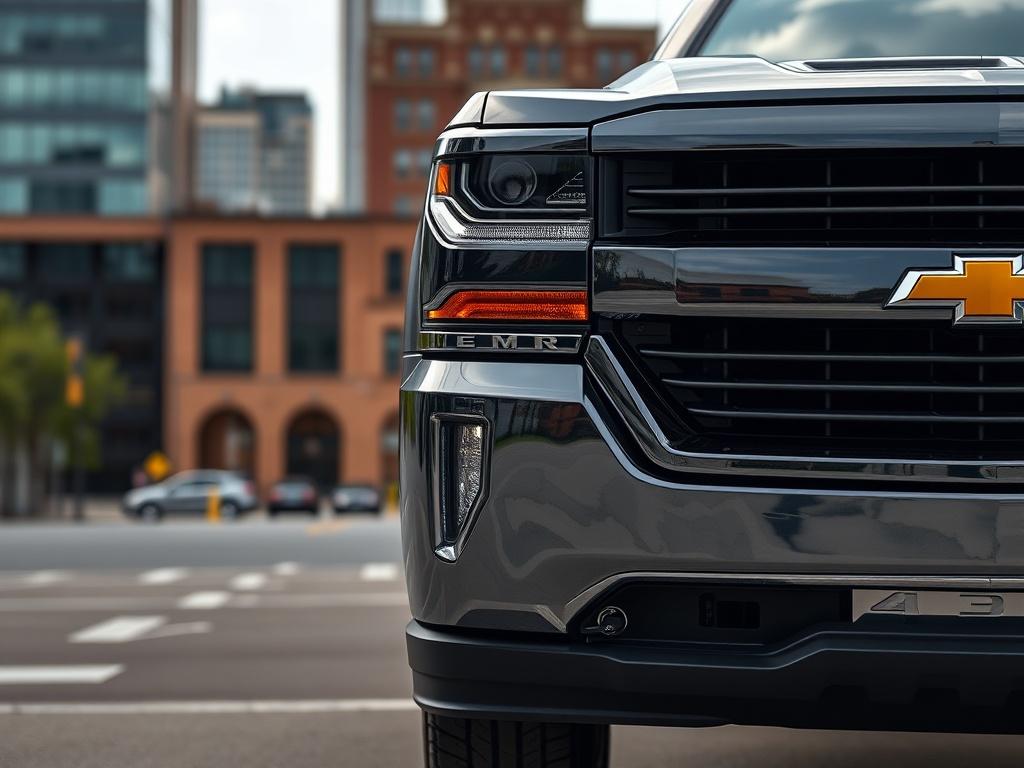 A hyper-realistic close-up shot of a 2018 Chevrolet Silverado 1500 parked in an urban environment, showcasing its bold exterior and design features. The background should include city buildings, emphasizing the truck's versatility and appeal. Capture the vehicle's front profile and chrome accents to highlight its stylishness.