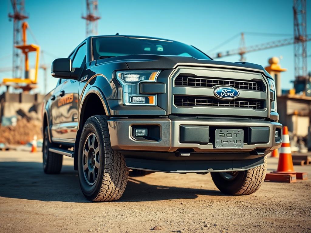A hyper-realistic close-up shot of a 2016 Ford F-150 on a construction site, showcasing its muscular build and rugged features. The background should depict construction equipment and tools, highlighting the truck's work-ready capabilities. Focus on the vehicle's front end and the intricate details of its design.