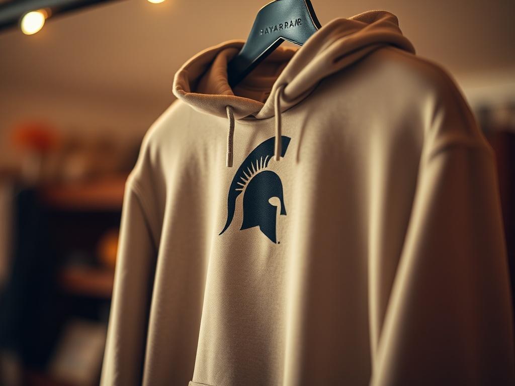 A close-up shot of a Spartan warrior-themed hoodie hanging on a hanger. The hoodie should be in a neutral color, showcasing a bold Spartan logo on the front. The background should be blurred, focusing on the hoodie while incorporating a warm, inviting atmosphere, shot with a 45mm f/1.2 lens.