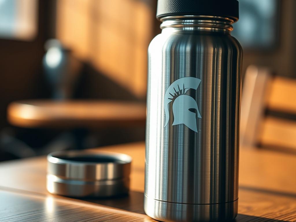 A close-up shot of a stainless steel thermal water bottle with the Spartan logo on it. The bottle should be placed on a wooden table, with natural light reflecting off its shiny surface. The background should be softly blurred, adding a warm ambiance, shot with a 45mm f/1.2 lens.