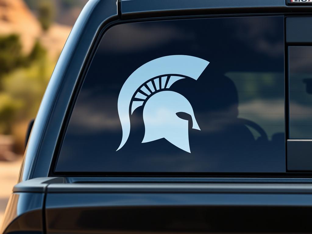 A high-resolution close-up image of a Spartan-themed truck decal applied to a truck's rear window. The decal should feature the Spartan logo prominently, with a clean and glossy finish. The background should be a blurred outdoor setting, capturing the essence of adventure, shot with a 45mm f/1.2 lens.