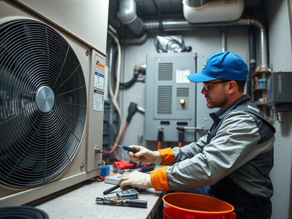 A technician performing routine maintenance on a heating and cooling unit inside a utility room. The technician is focused on cleaning and inspecting the system's components, surrounded by tools and equipment. The image highlights the importance of regular maintenance for HVAC systems, showcasing a clean and organized workspace that reflects professionalism and care.