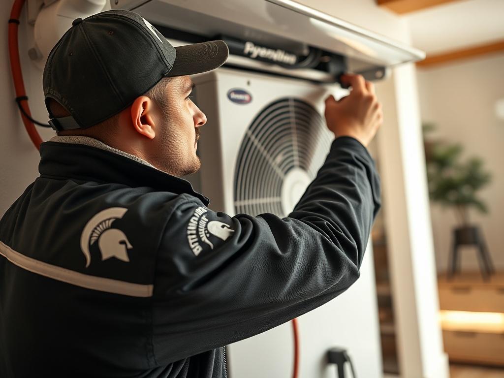A close-up shot of a technician installing a heating unit in a residential space, showcasing the intricate details of the installation process. The technician is wearing a Spartan-themed uniform, demonstrating professionalism. The background is a well-lit room with minimal clutter, emphasizing the focus on the heating unit and the technician's expertise.