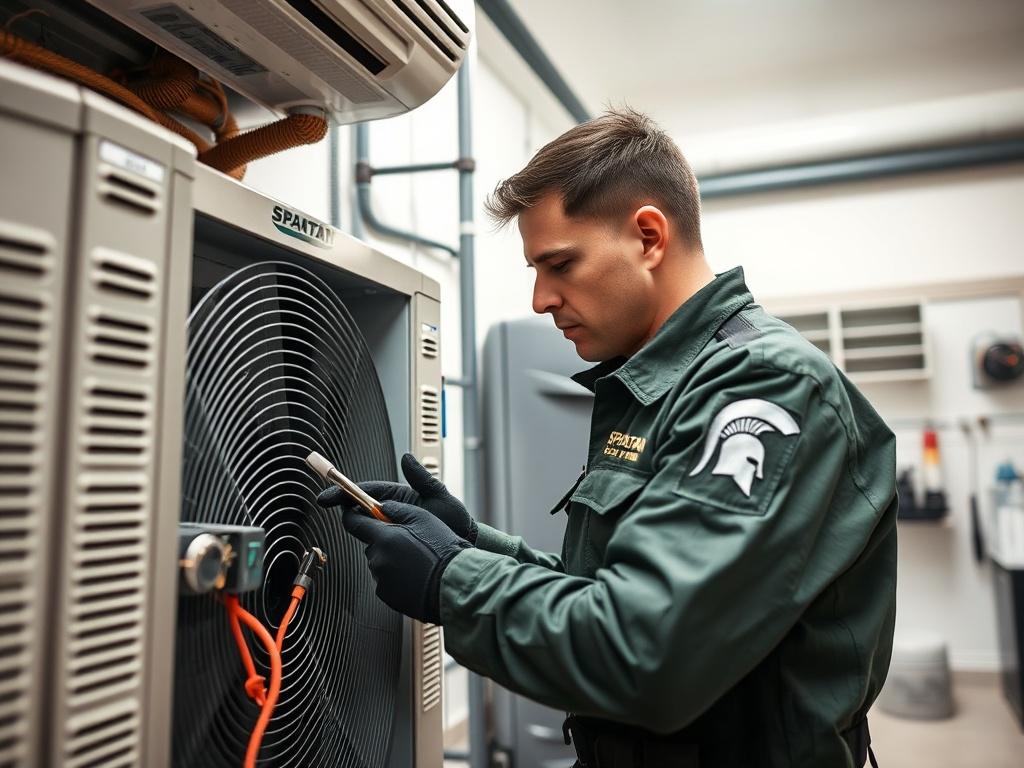 A close-up shot of a technician performing maintenance on an HVAC system in a residential setting. The technician, dressed in a Spartan-themed uniform, is inspecting the equipment with specialized tools. The background is a clean, organized utility room, highlighting the professionalism and attention to detail in maintenance work.