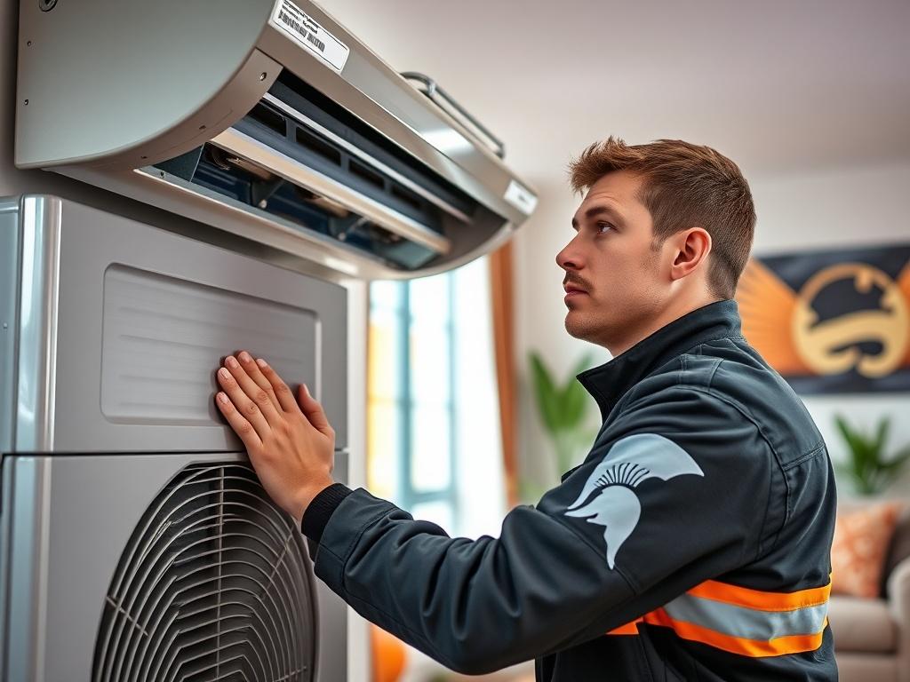 A close-up shot of a technician installing a cooling unit in a vibrant living room. The technician is wearing a Spartan-themed uniform, showcasing professionalism. The background features a modern home setting, emphasizing the sleek design of the cooling unit and the technician's careful installation process.