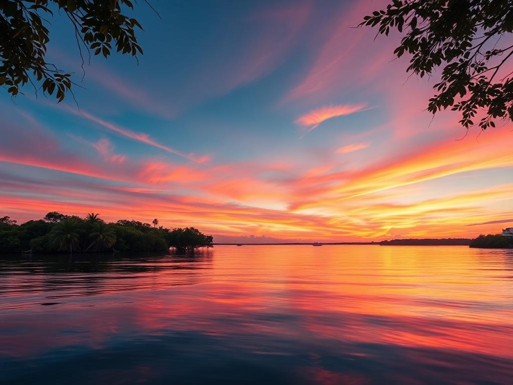 A high resolution landscape print featuring a vibrant sunset over