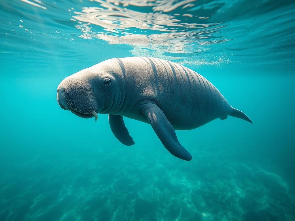A high resolution wildlife photograph featuring a majestic manatee gracefully