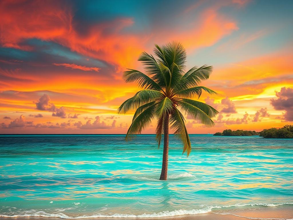 Create a realistic high-resolution photo titled "Capturing the Essence of the Florida Keys." Focus on a single, breathtaking landscape scene that embodies the natural beauty of the Keys. The image should feature a serene, turquoise bay with gentle waves lapping at a sandy shore, showcasing the vibrant colors of the ocean. In the foreground, include a lone palm tree slightly leaning towards the water, its fronds swaying gently in the breeze. 

The background should reveal a stunning sunset with deep oranges,