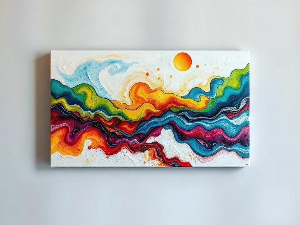 A hyper-realistic image of an acrylic painting named 'Transformation,' depicting a vibrant abstract landscape with swirling colors representing change. The focus should be on the painting itself, set against a minimalistic background that allows the artwork to stand out.