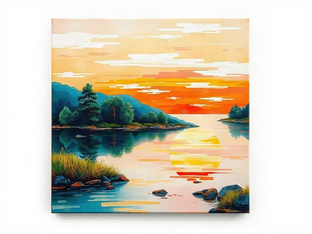 A photorealistic rendering of an acrylic painting titled 'Serenity,' featuring a serene landscape with vibrant colors and layered textures. The scene includes tranquil water reflecting the sky, surrounded by lush greenery. The composition should focus solely on the painting, with a clean white background to emphasize the artwork's details.