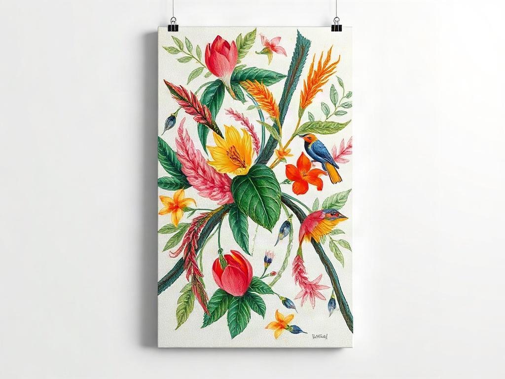 A realistic, high-resolution photo of an acrylic painting titled 'Connection,' illustrating a vibrant natural scene with intertwining elements of flora and fauna. The artwork should be displayed against a simple, neutral background to highlight its vivid colors and details.