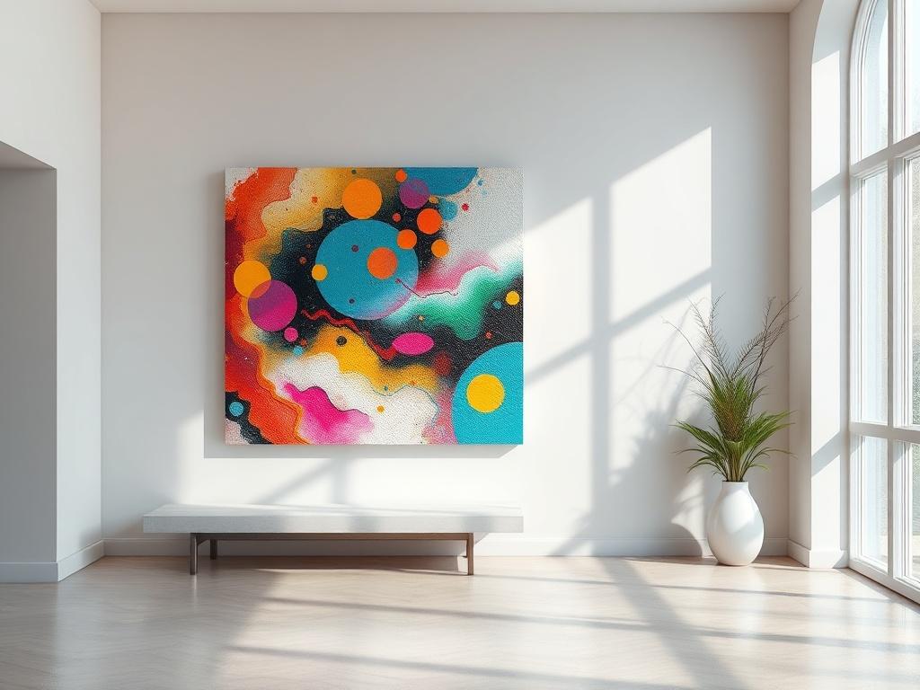 A serene art gallery scene showcasing a vibrant acrylic painting titled 'Awakening in Color'. The painting features layered textures and nature-inspired imagery, surrounded by an elegant, minimalistic gallery setting. Soft, natural lighting illuminates the artwork, creating a tranquil atmosphere. The gallery walls are painted in a subtle, complementary color, enhancing the vibrancy of the artwork. The space is uncluttered, with clean lines and a focus on the art, inviting viewers to pause and reflect on the