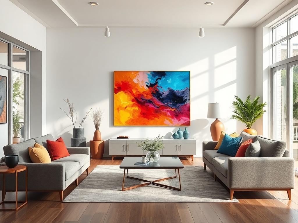 A beautifully decorated living room featuring a vibrant acrylic painting from the 'Awakening in Color' collection. The painting serves as the focal point of the room, surrounded by stylish furniture and decor that complement its colors. Natural light pours in through large windows, illuminating the artwork and creating a welcoming ambiance. The scene captures the essence of a harmonious living space, where art enhances both aesthetic beauty and emotional well-being.