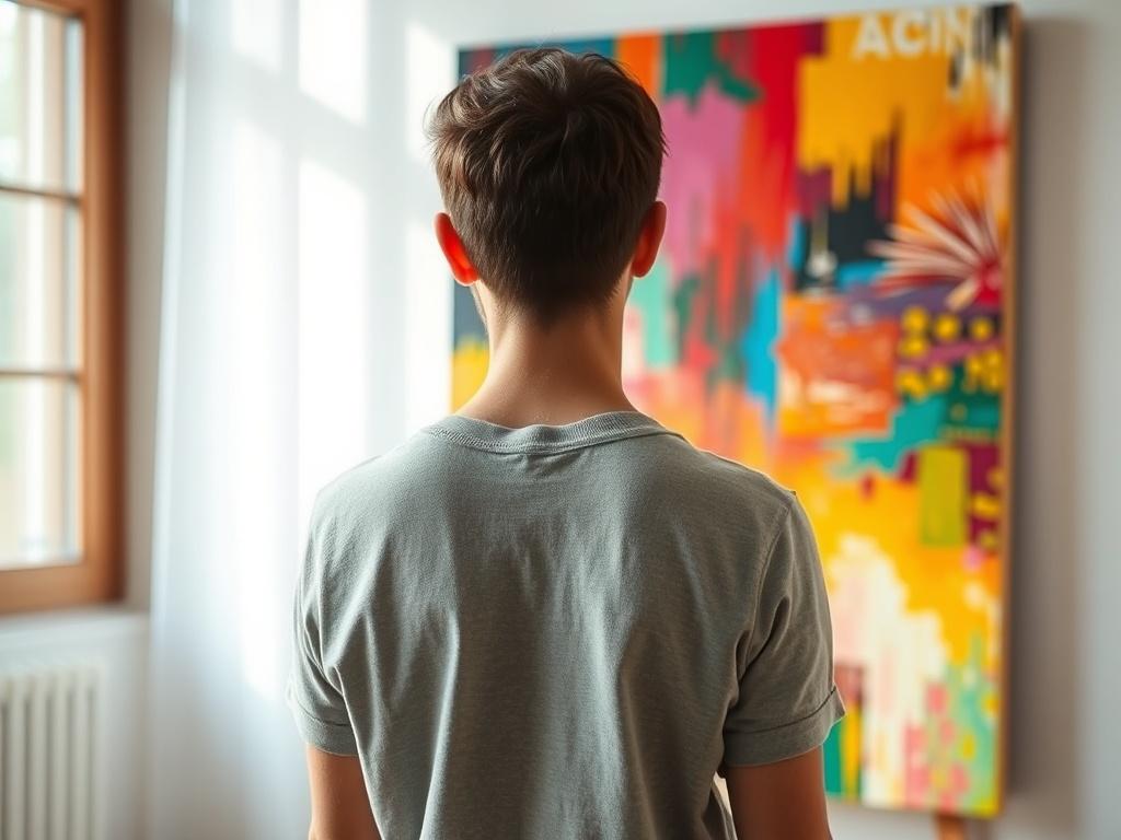An intimate view of a person standing in front of a vibrant acrylic painting from the 'Awakening in Color' collection. The person appears thoughtful and reflective, immersed in the colors and textures of the artwork. The background is softly blurred, emphasizing the connection between the viewer and the painting. Natural light streams in from a window, creating a warm and inviting atmosphere that highlights the emotional engagement with the art. The scene captures a moment of personal connection and introsp