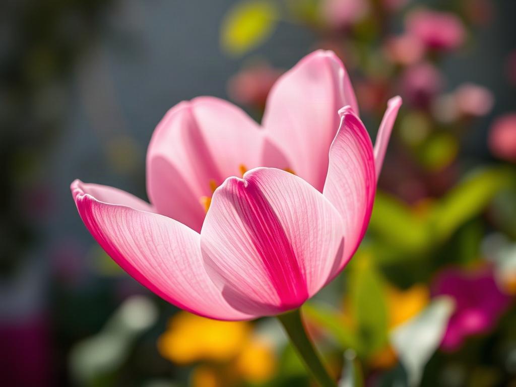 A close-up of a blooming flower in full detail, showcasing its intricate petals and vibrant colors. The background features a soft, blurred garden scene, emphasizing the flower as the focal point. Natural light illuminates the petals, highlighting their delicate textures and subtle gradients. The composition should evoke feelings of peace and connection to nature, inviting viewers to appreciate the beauty of a single moment. Bold colors like pink, purple, and yellow should enhance the emotional impact of th