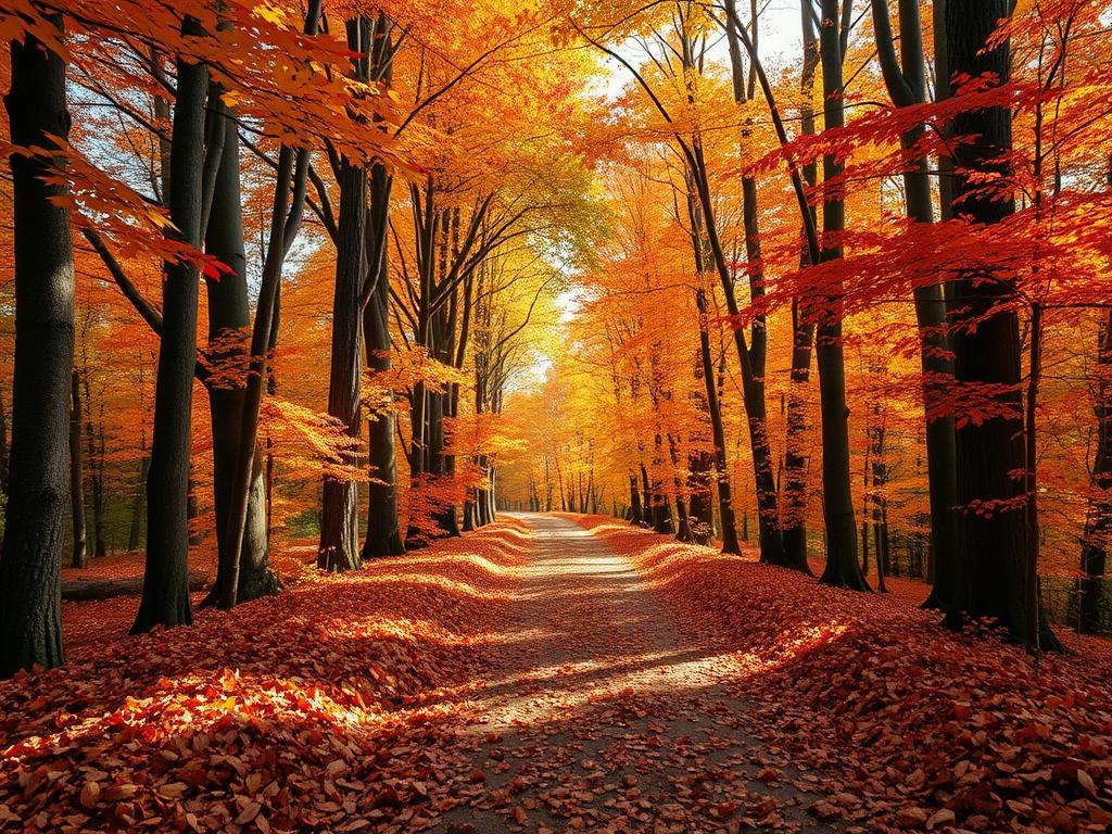 An enchanting autumn scene showcasing a forest path covered in fallen leaves. Tall trees with vivid orange, red, and yellow foliage frame the path, creating a tunnel of color. Sunlight filters through the branches, casting dappled shadows on the ground. The composition should evoke a sense of transformation and tranquility, inviting viewers to walk along the path. Textural elements in the leaves and bark should add depth, while the vibrant colors capture the essence of the season.
