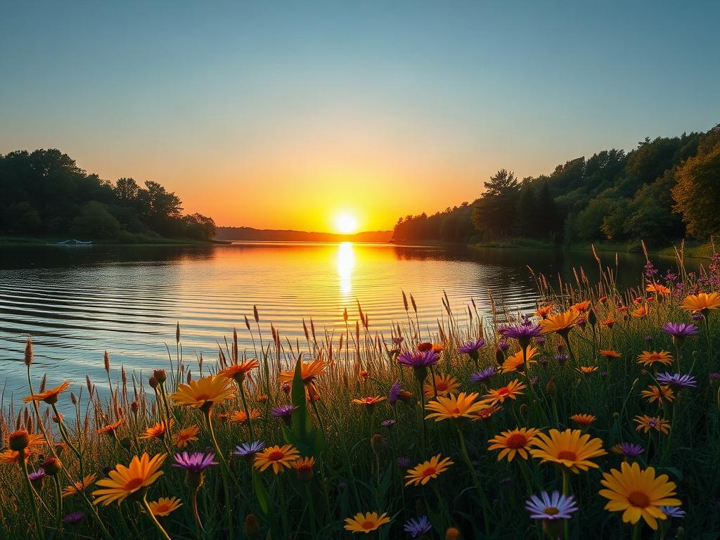 A serene landscape featuring a tranquil lake surrounded by lush trees and vibrant wildflowers in the foreground. The sun rises over the horizon, casting a warm golden glow across the water, reflecting the colorful sky. The composition should focus on the stillness of the lake, with gentle ripples creating a sense of calm. Layered textures in the foliage and flowers should enhance the realism, while bold hues of green, yellow, and purple evoke a feeling of awakening and peace.