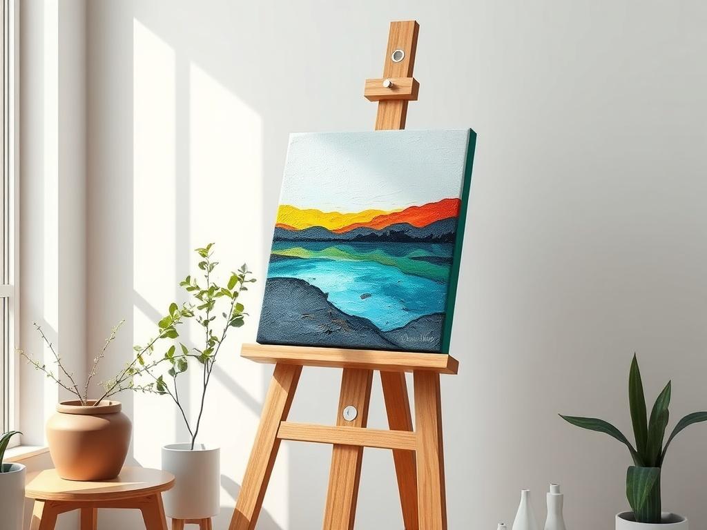 A serene artist's workspace featuring a wooden easel with a vibrant acrylic painting on display. The painting showcases a nature-inspired scene with layered textures and bold, vivid colors. The background includes soft, natural light filtering through a window, illuminating the space and creating a calm, inviting atmosphere. The overall composition should be minimalistic, focusing on the easel and artwork while maintaining a clean and organized workspace.