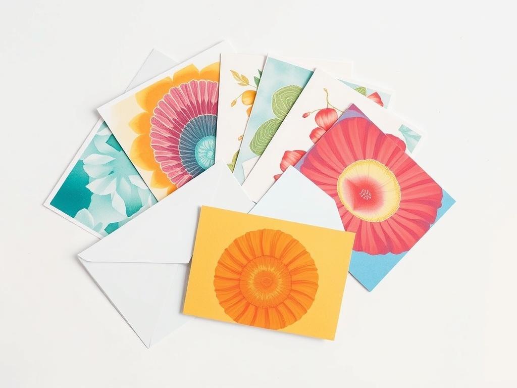 A realistic photo display of a set of greeting cards featuring designs from the 'Awakening in Color' collection. The cards are fanned out elegantly on a clean white surface, showcasing their vibrant colors and textures. A few envelopes accompany the cards, adding to the overall artistic presentation.