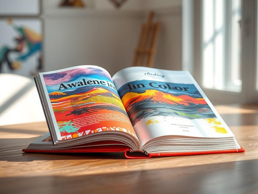 A high-resolution photo of an art book titled 'Awakening in Color', open to a vibrant page showcasing an acrylic painting. The book is elegantly placed on a wooden table, surrounded by natural light. The background is softly blurred to emphasize the book and its colorful images, creating an inviting and artistic atmosphere.