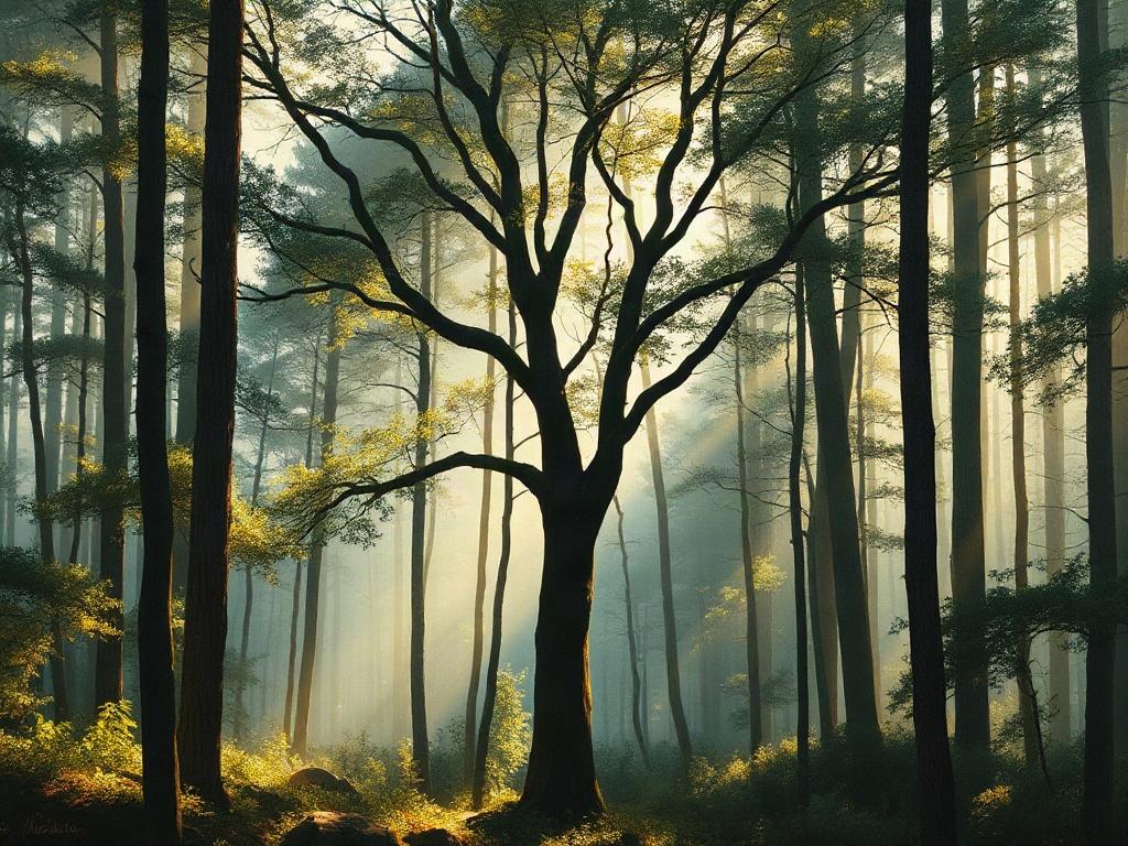 A highly detailed acrylic painting of a serene forest scene, with light filtering through the trees, illuminating the rich greens and browns of the foliage. The composition should be simple and clear, featuring a single focal point of a majestic tree surrounded by soft, dappled light.
