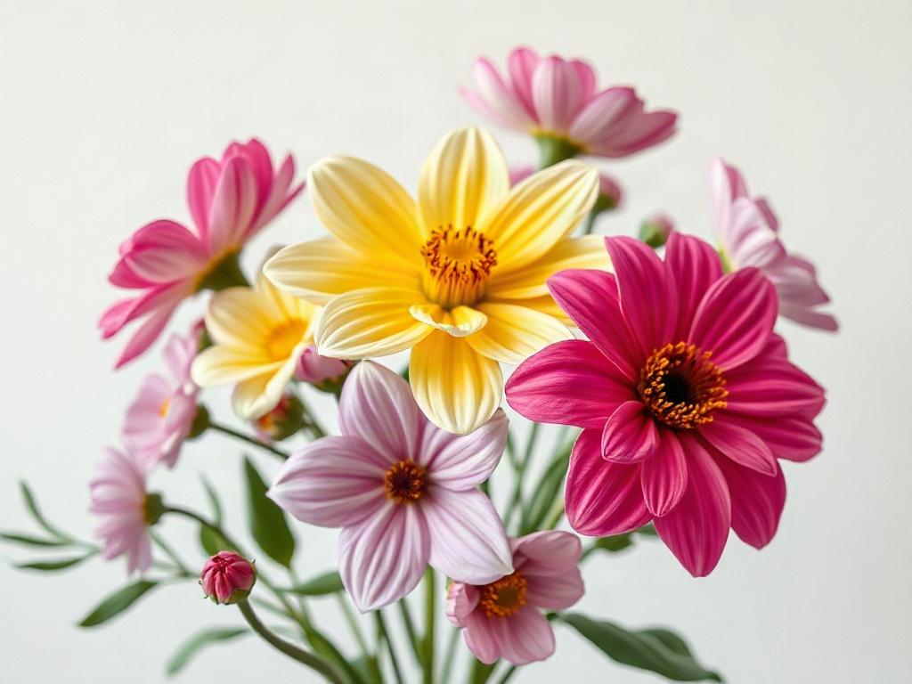A hyper-realistic acrylic painting of a blooming flower arrangement, showcasing a variety of colors such as pink, yellow, and purple. The background should be softly blurred to emphasize the flowers in the foreground, with a minimalistic style and clean lines, focusing on the beauty and detail of each petal.