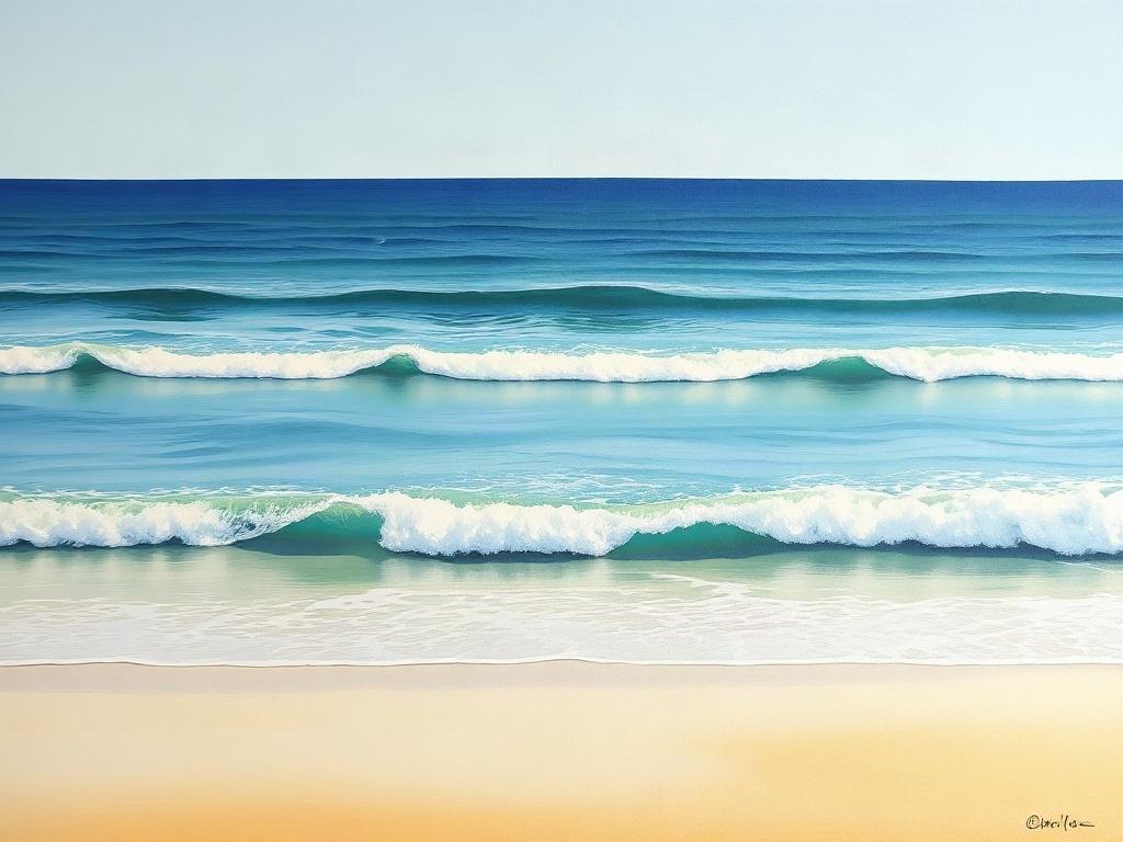 A realistic acrylic painting of a tranquil ocean scene, featuring gentle waves and a gradient of blue and green colors. The foreground should depict soft sand, while the background captures the horizon with a clear sky. The composition should be simple yet striking, emphasizing the calming nature of the ocean.