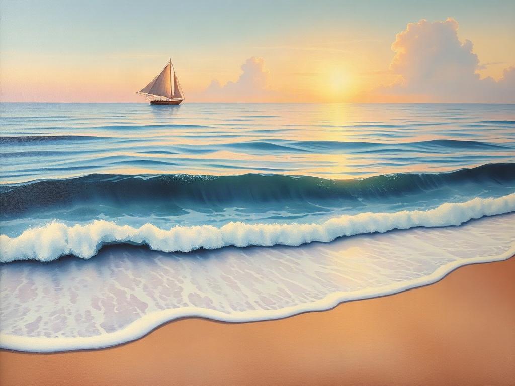 A calming seascape painting depicting gentle waves lapping against a sandy shore at dawn. The ocean reflects soft shades of blue and lavender as the sun begins to rise, casting a warm golden glow across the scene. In the distance, a solitary sailboat drifts peacefully, symbolizing freedom and exploration. The composition invites contemplation and relaxation, creating a personal connection to nature's beauty. The textured waves and delicate clouds add depth and serenity, making it a perfect addition to any t