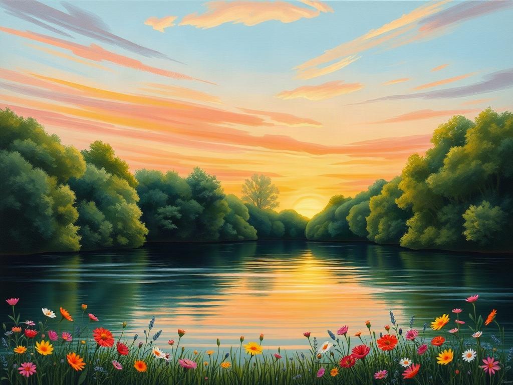 A serene landscape painting featuring a tranquil lake surrounded by lush green trees, with soft ripples on the water reflecting vibrant hues of orange and pink from a sunset. The sky is painted with delicate brush strokes, transitioning from deep blue to warm pastels. In the foreground, wildflowers bloom, adding splashes of color that draw the viewer in. The overall composition evokes a sense of peace and stillness, inviting the viewer to pause and reflect.