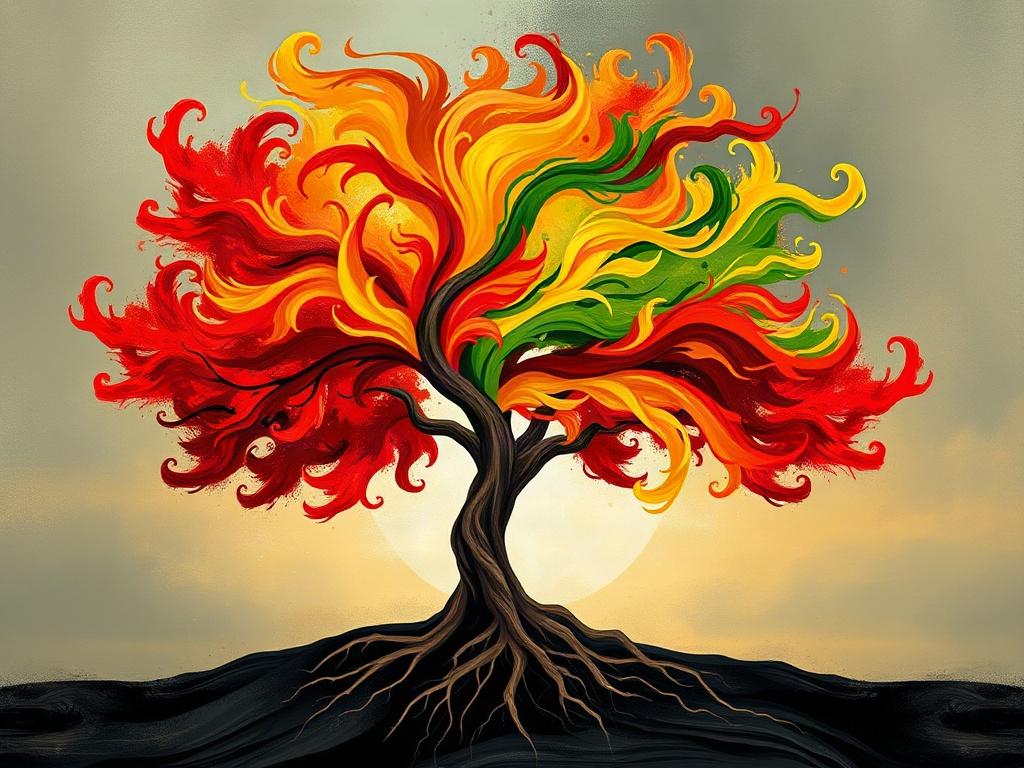 An abstract representation of transformation, showcasing a vibrant tree with swirling leaves in shades of deep red, gold, and bright green. The background features a gradient of colors transitioning from dark to light, symbolizing the journey of change. The tree stands tall and proud, its roots visible and intertwining with textured earth tones. This piece captures the essence of growth and renewal, encouraging viewers to embrace their own transformations. The dynamic brush strokes create a sense of movemen