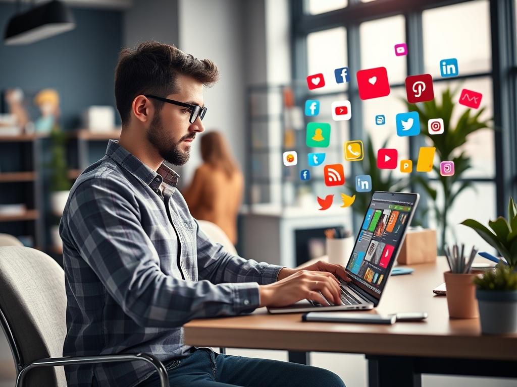 A vibrant image of a social media manager creating content on a laptop, surrounded by colorful social media icons and graphics. The atmosphere is energetic, highlighting collaboration and creativity in a well-lit workspace.