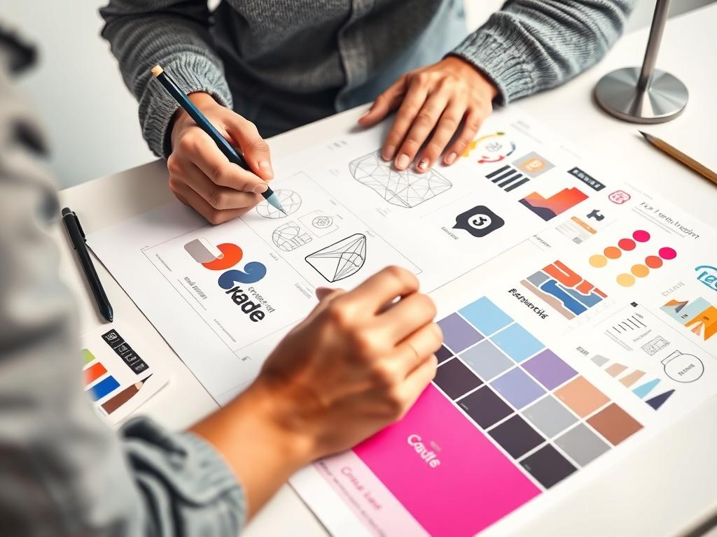 A close-up of a designer working on a brand identity project, featuring sketches of logos and color palettes on a clean workspace. The designer is focused, and tools like pencils and graphic design software are visible. The background is minimalistic, emphasizing creativity and professionalism.