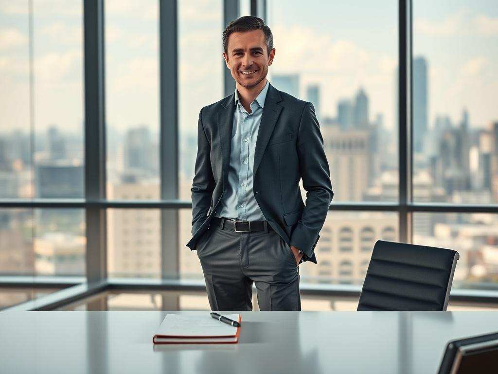**Prompt for AI Image Generation:**

Create a realistic high-resolution photograph showcasing a confident leader in a modern office setting. The subject should be a professional, poised individual standing upright, looking directly at the viewer with an engaging expression that conveys strength and authenticity. They should be dressed in a smart business outfit, possibly with a blazer and well-fitted trousers, conveying a sense of professionalism and approachability.

In the background, depict a sleek and m