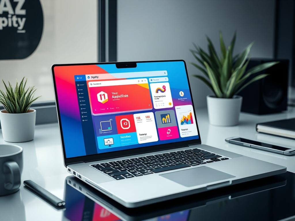 A high-resolution image of a digital toolkit displayed on a sleek laptop with vibrant branding elements and colorful templates, set against a minimalist workspace background.