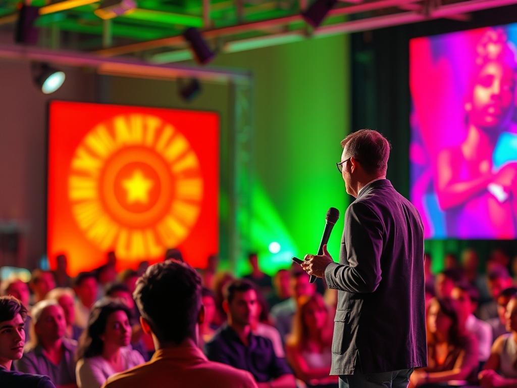 A high-resolution image of a person confidently speaking in front of an audience, with vibrant colors and engaging visuals in the background, conveying a dynamic and inspiring atmosphere.