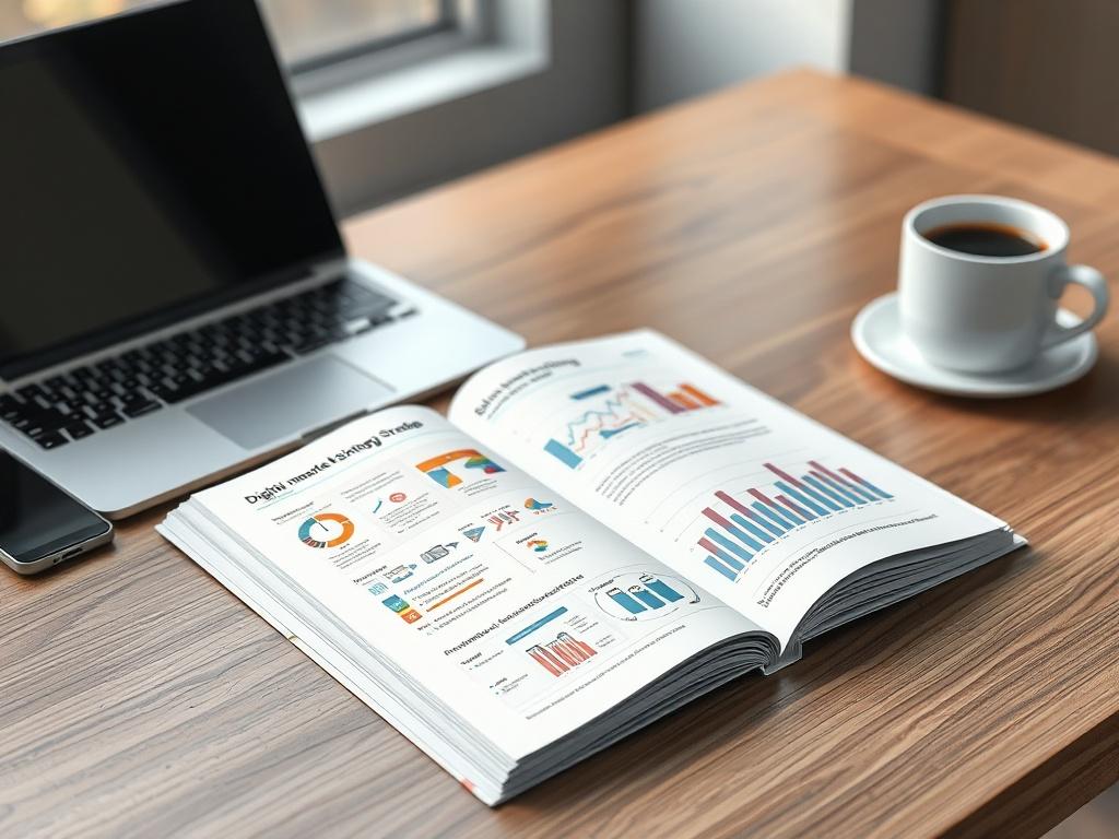 A realistic high-resolution image of an open digital marketing strategy guide on a sleek wooden desk, featuring vibrant graphics and charts on the pages. The background is softly blurred to emphasize the guide, with a modern laptop and a cup of coffee beside it, creating an inviting workspace atmosphere.
