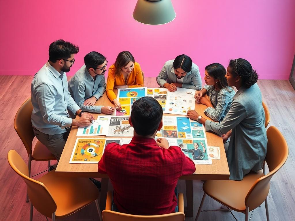 A high-resolution photo of a creative team brainstorming over a table filled with colorful brand strategy materials, such as mood boards and sketches. The team consists of diverse individuals, and the setting is modern and minimalistic, with vibrant colors in the background that reflect creativity and innovation.