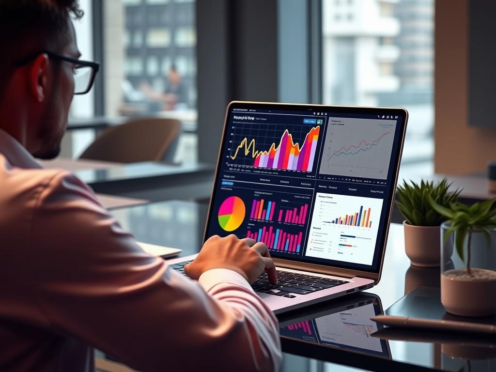 A high-resolution photo of a marketing professional analyzing data on a laptop with vibrant graphs and charts displayed on the screen. The scene is in a sleek office environment, emphasizing a focus on analytics and digital strategy.