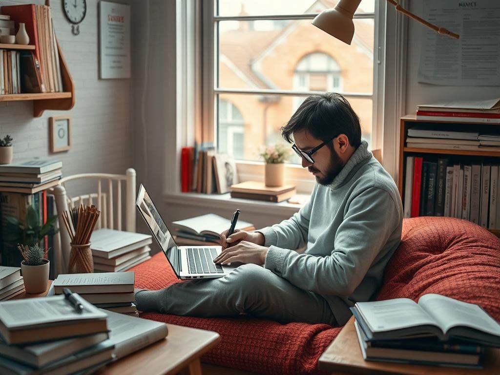 A high-resolution photo of a content creator writing on a laptop in a cozy, well-lit space surrounded by books and notes. The image captures the essence of creativity and productivity, showcasing a focus on content development.