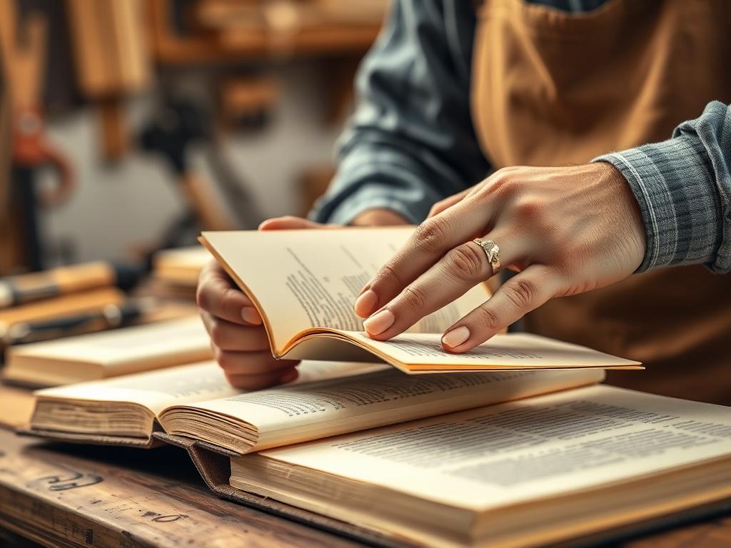 A close up shot of a skilled craftsman binding books