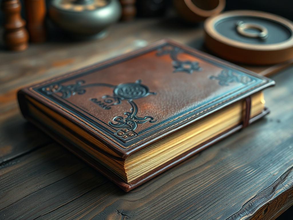 A close up shot of a beautifully bound book with