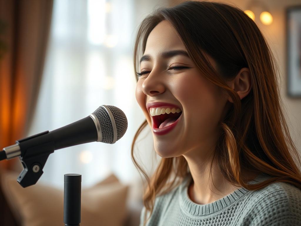 A close-up shot of a young woman singing passionately into a microphone at home. The setting is cozy and well-lit, with warm colors and soft furnishings in the background. She has a joyful expression, with her eyes closed, fully immersed in her performance. The focus is on her face and the microphone, capturing the emotion of singing. The image should have a hyper-realistic quality, shot with a 45mm f/1.2 lens style.