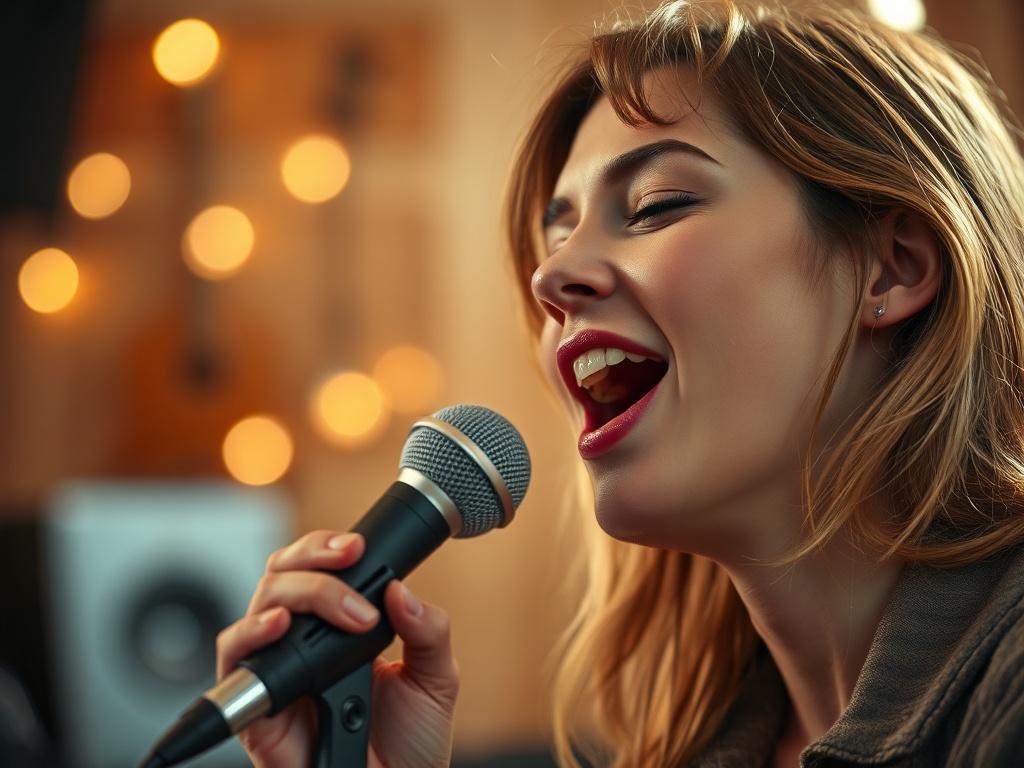 A close-up shot of a person singing passionately into a microphone, with a focus on their facial expression and posture, set against a softly blurred background of a cozy music studio. The lighting is warm and inviting, emphasizing the emotion in their performance, shot with a 45mm f/1.2 lens.