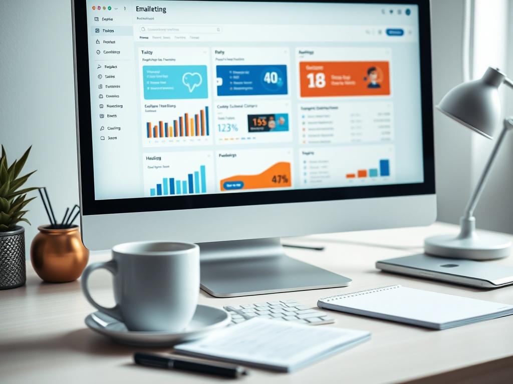 A detailed close-up shot of a computer screen showcasing an email marketing dashboard filled with analytics and campaign designs. The desk is minimalistic with a coffee cup and a notepad, and soft, diffused light creates a professional yet inviting atmosphere. Shot with a 45mm f/1.2 lens.