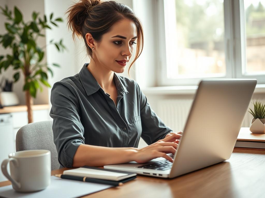 A close-up shot of a professional woman working on a laptop in a bright and organized home office. She is engaged and focused, with a notepad and coffee cup beside her. The background features a plant and a window with natural light streaming in, creating a warm and inviting atmosphere. Shot with a 45mm f/1.2 lens to capture fine details.