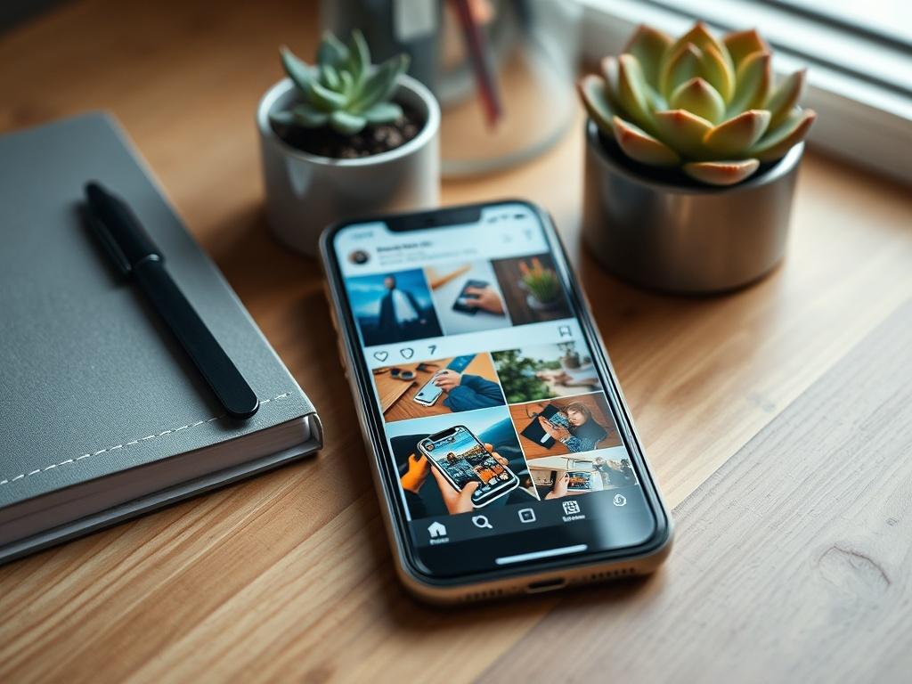 A hyper-realistic close-up image of a smartphone displaying vibrant social media posts. The phone sits on a wooden desk surrounded by stylish office supplies like a planner and a succulent plant. Soft natural light highlights the images on the screen, creating a modern and inviting workspace ambiance. Shot with a 45mm f/1.2 lens.