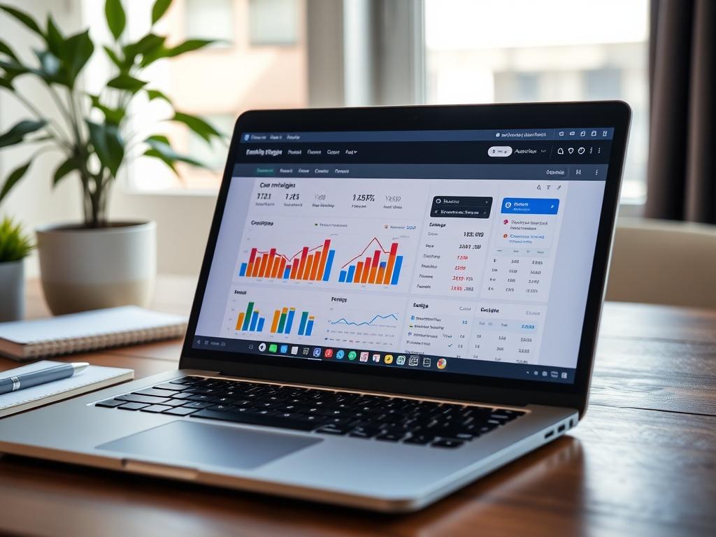 An image of a laptop displaying an email marketing dashboard with graphs and analytics. The screen should show a visually appealing layout with colorful charts indicating campaign performance. The background should have a professional workspace with a notepad and a plant, creating a bright and inspiring atmosphere. The image should be hyper-realistic and shot with a 45mm f/1.2 lens.