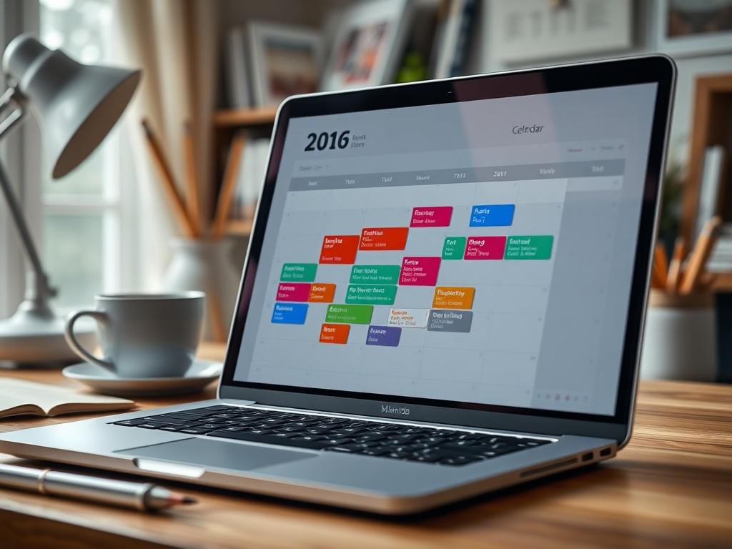 A close-up shot of a digital calendar on a laptop screen, featuring colorful blocks representing scheduled content. The background should be a cozy, well-lit home office environment, with stationery and a coffee cup visible. The image should be hyper-realistic, focusing on the details of the calendar and the inviting workspace atmosphere, shot with a 45mm f/1.2 lens.